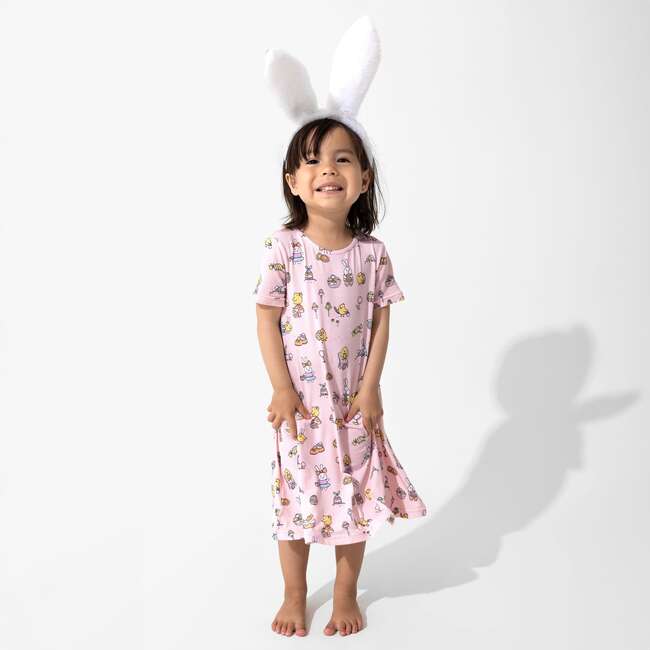 Easter Bunny Pink Bamboo Girls' Short Sleeve Dress, Pink - Dresses - 2