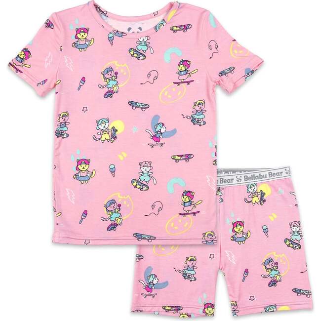 Skater Kitty Bamboo Kids Pajama Short Set, Pink