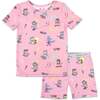 Skater Kitty Bamboo Kids Pajama Short Set, Pink - Pajamas - 1 - thumbnail