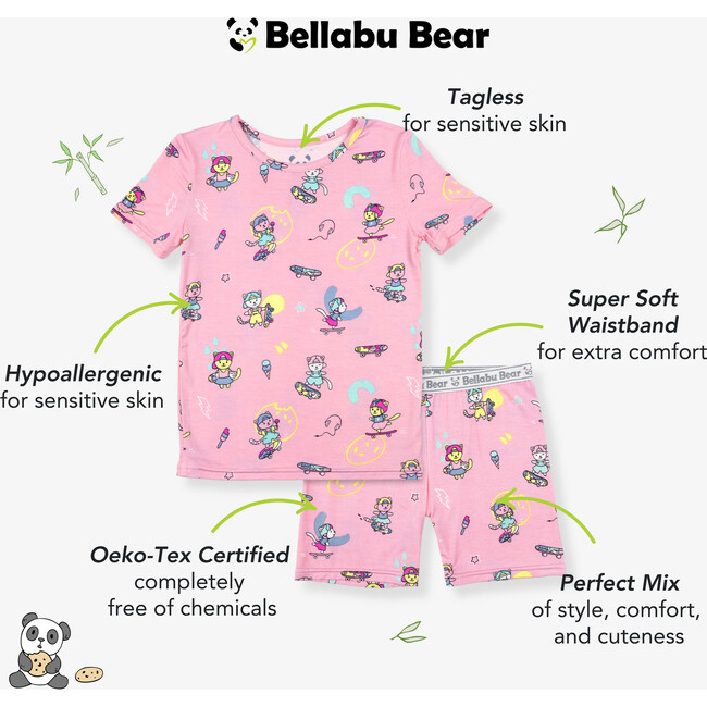 Skater Kitty Bamboo Kids Pajama Short Set, Pink - Pajamas - 2