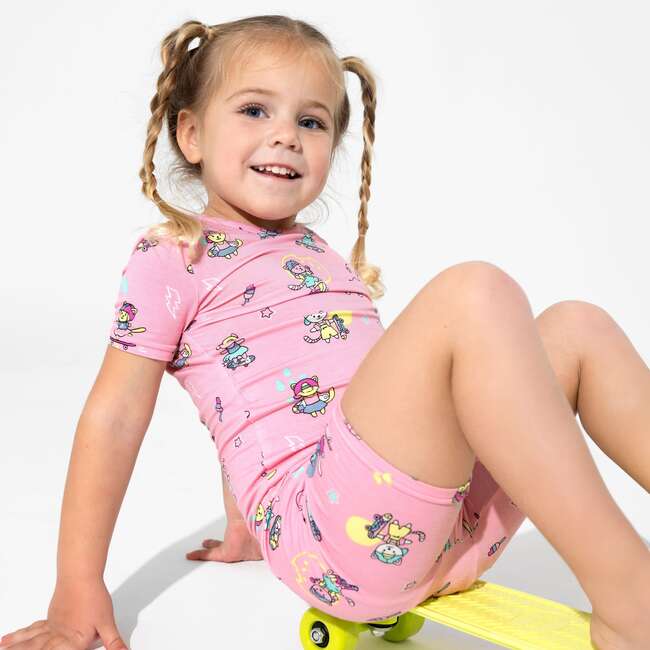 Skater Kitty Bamboo Kids Pajama Short Set, Pink - Pajamas - 3