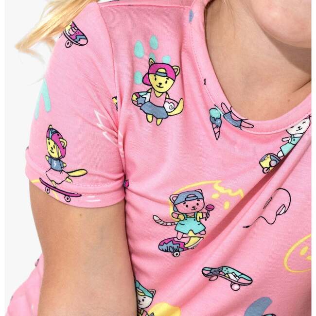 Skater Kitty Bamboo Kids Pajama Short Set, Pink - Pajamas - 4