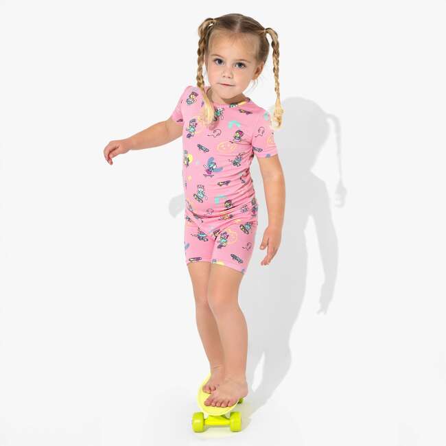 Skater Kitty Bamboo Kids Pajama Short Set, Pink - Pajamas - 6