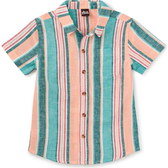 Stripe Button Up Woven Shirt, Cyan