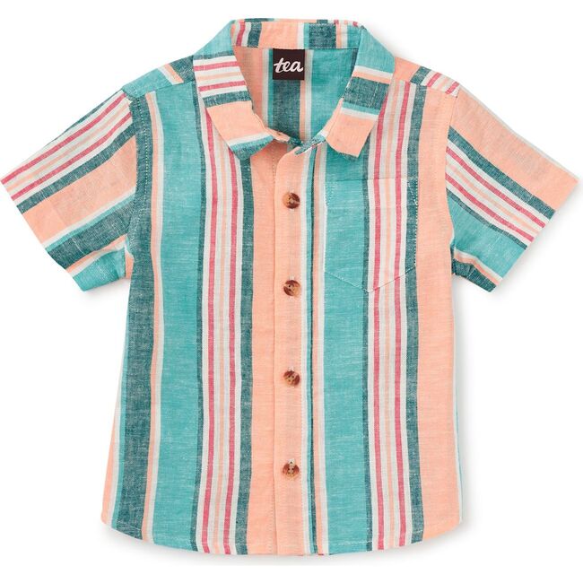 Stripe Button Up Woven Shirt, Cyan - Button Downs - 2
