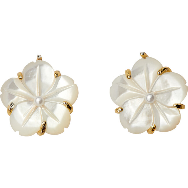 Women's Primrose Peacock Pearl Blacklip Shell Flower Stud Earrings, Gold