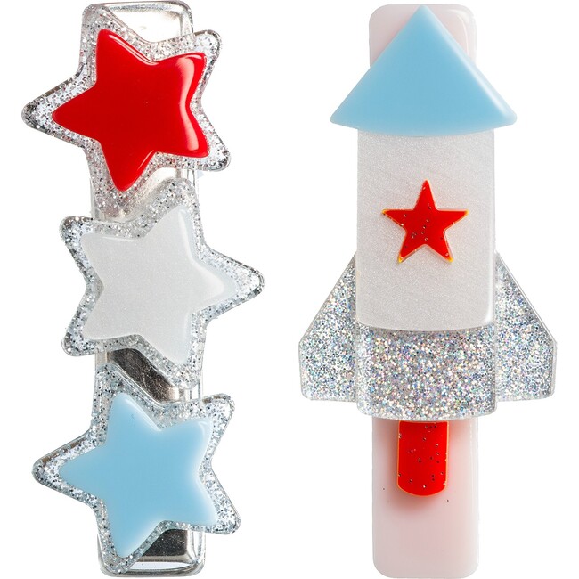 Rocket and Stars Blue White Red Hair Clips