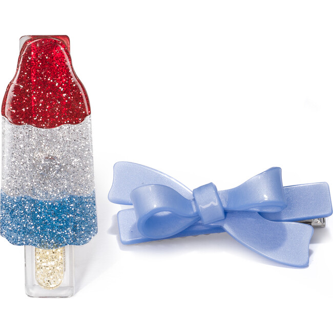 Popsicle Rocket Glitter Blue Satin Bow Hair Clips