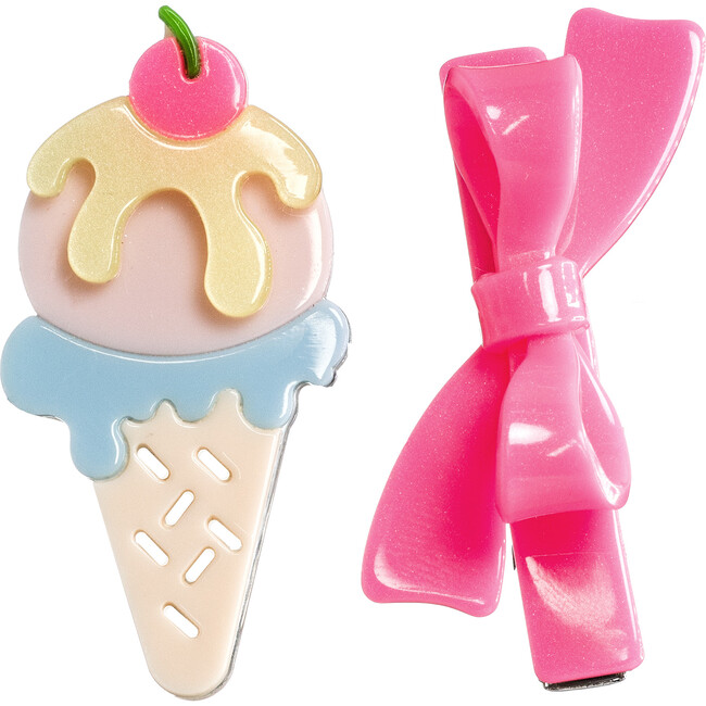 Ice Cream Cone Neon Pink Bow Hair Clips