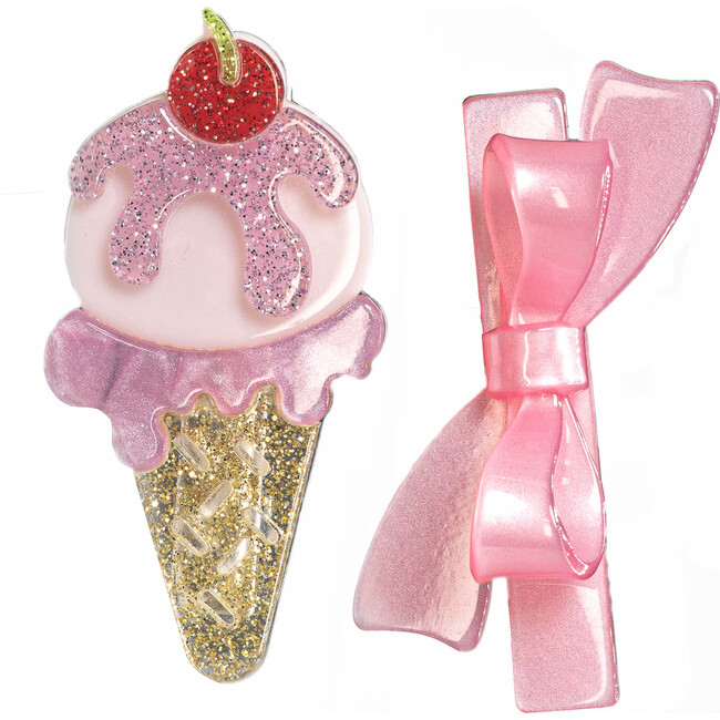 Ice Cream Cone Glitter Pink Bow Hair Clips