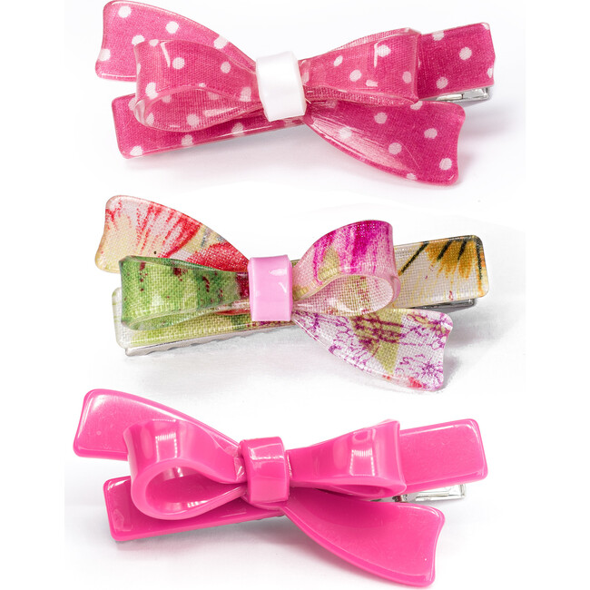 Bows Fabric Pink White Hair Clips, Set of 3