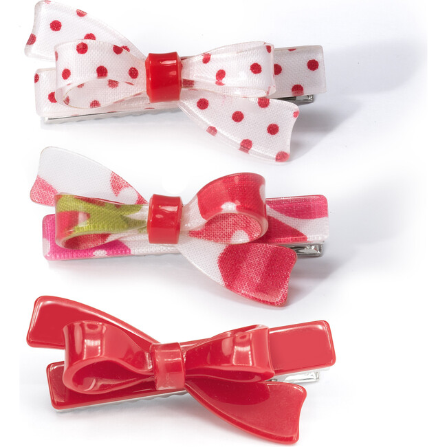 Bows Fabric White Red Hair Clips, Set of 3