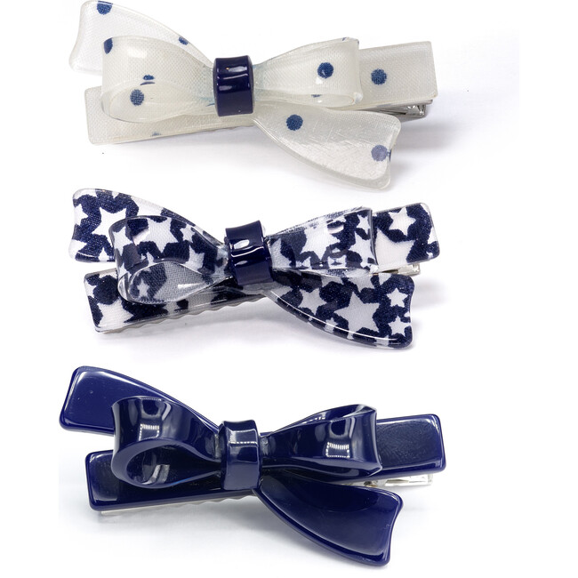 Bows Fabric White Navy Hair Clips, Set of 3
