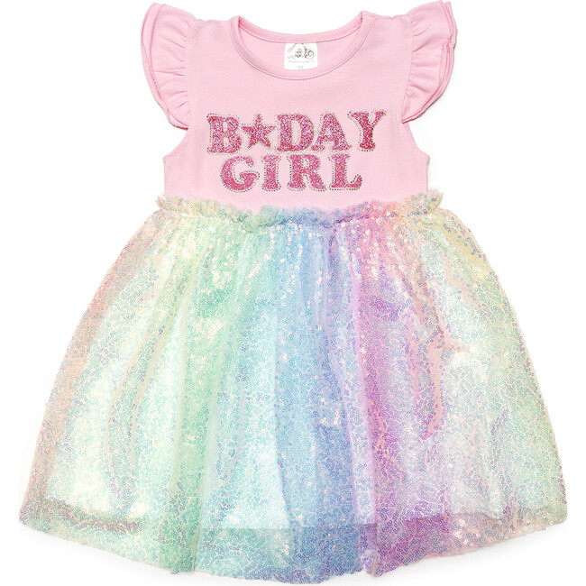 Birthday Girl Patch Rainbow Ombre Sequin Short Sleeve Tutu Dress, Multi