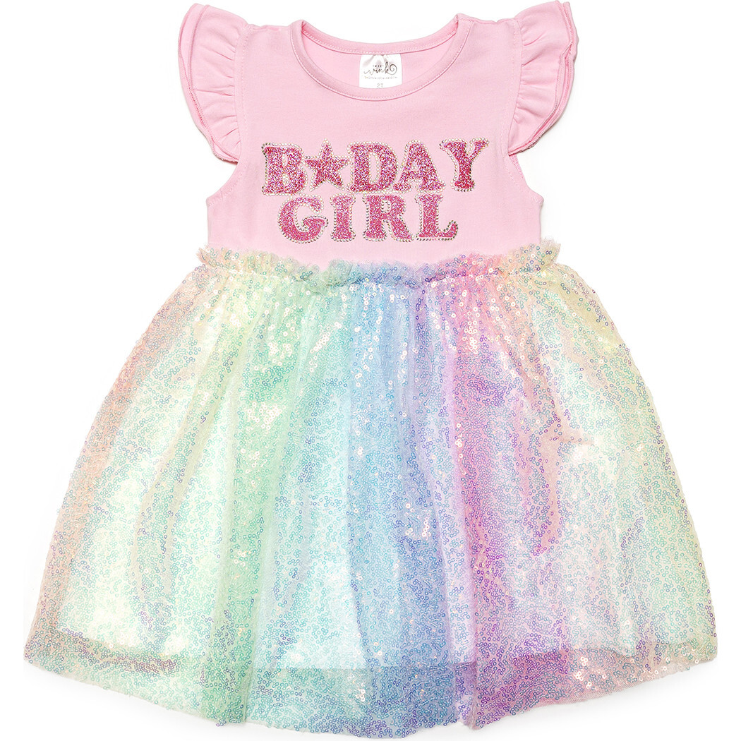 Birthday Girl Patch Rainbow Ombre Sequin Short Sleeve Tutu Dress, Multi - Dresses - 1