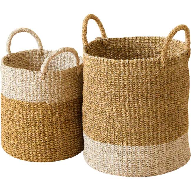 Mustard Cylinder Floor Baskets, Set of 2
