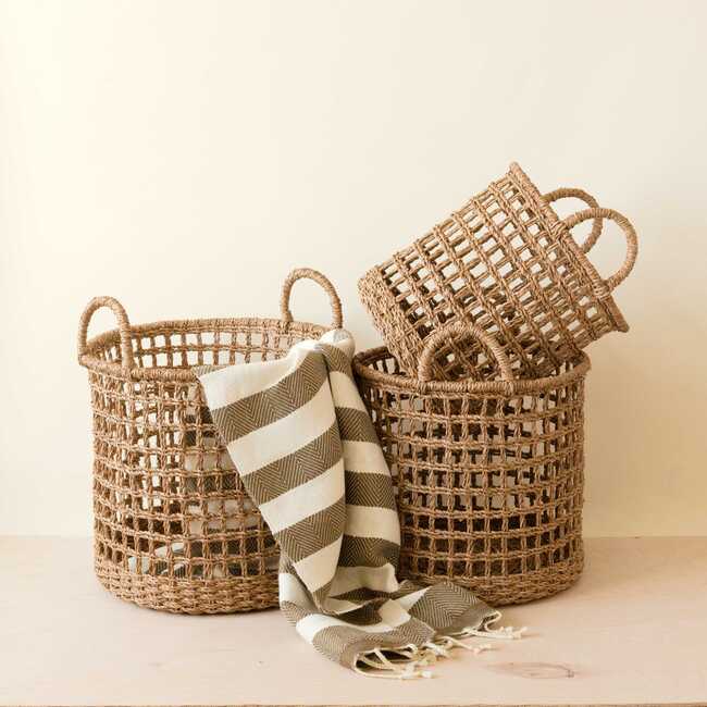 Seagrass Open Weave Cylinder Baskets, Set of 3 - Storage - 2