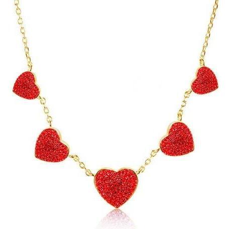 Heart Multi-color Crystal Yellow Gold Plating Adjustable Girls Charm Necklace Red