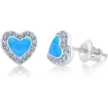 Heart Enamel Crystal Palldium Plating Girl's Screwback Stud Earring Blue