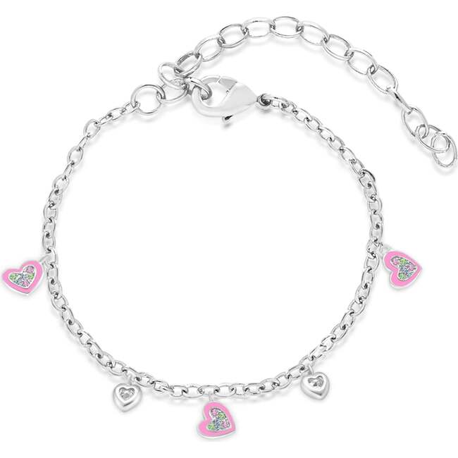 Heart with Pink Enamel Multi-colored Crystal Palladium Plating Girls Charmed Bracelet