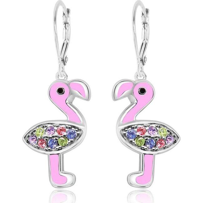 Flamingo Enamel Crystal White Gold Palladium Girl's Leverback Earrings