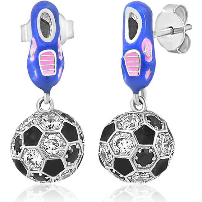 Blue Shoe Soccer Ball Crystal White Gold Palladium Girl's Stud Earring