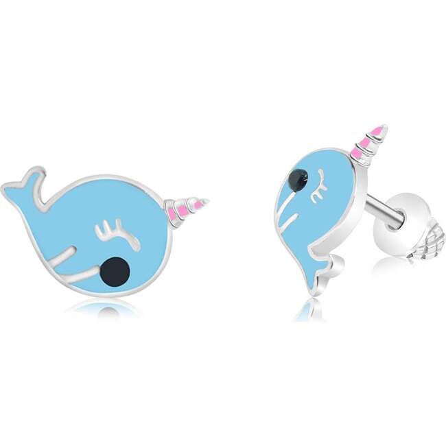 Blue Narwhal Pink Horn White Gold Palladium Plating Girl's Stud Earring