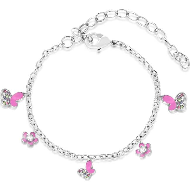Butterfly Pink Flower Multi-colored Crystal Palladium Plating Girls Charmed Bracelet