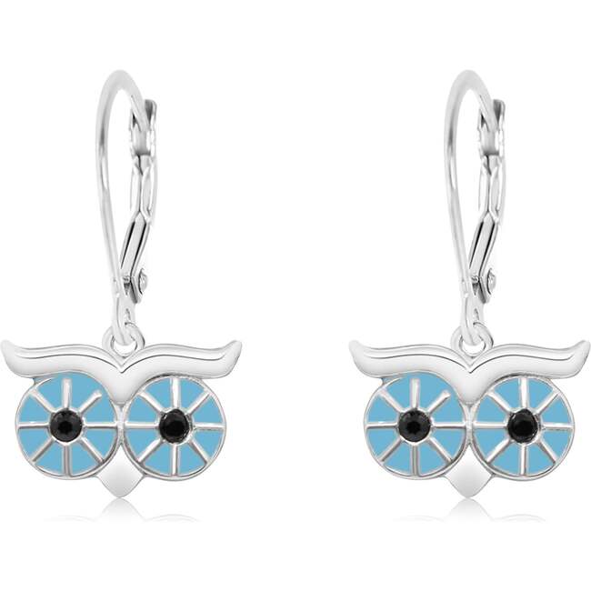 Blue Eye Owl Enamel White Gold Palladium Plating Girl's Leverback Earring