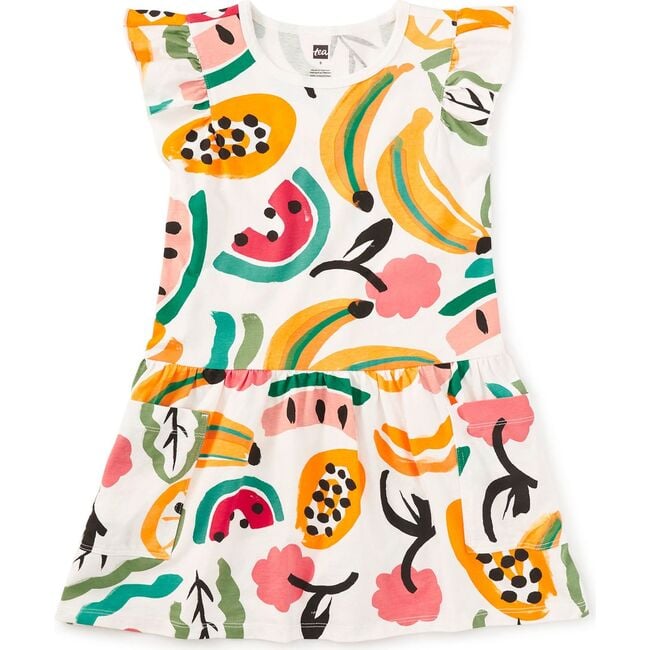 Flutter Sleeve Pocket Dress, Painted Tropical Fruit