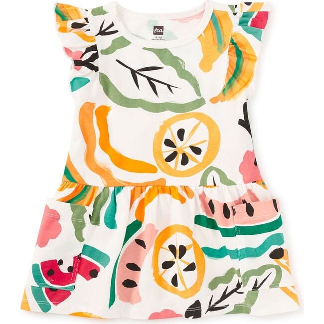 Flutter Sleeve Pocket Dress, Painted Tropical Fruit