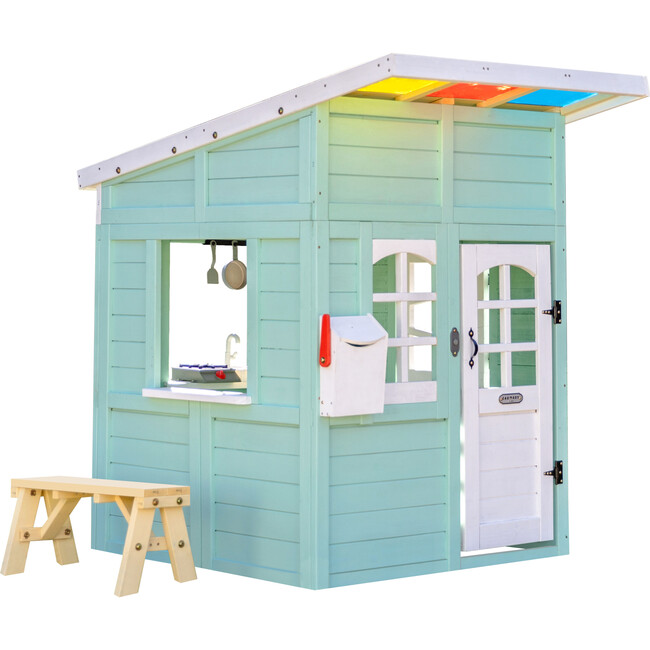 Teamson Kids Rainbow Shade Wooden Playhouse with Kitchen, Flower Box & Bench, Turquoise