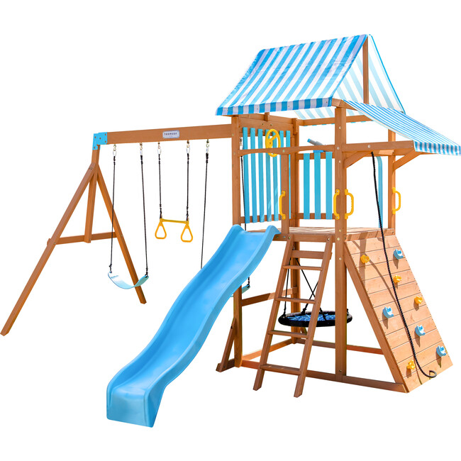 Teamson Kids Laguna Wooden Swing Set with Slide & Rock Wall, Natural