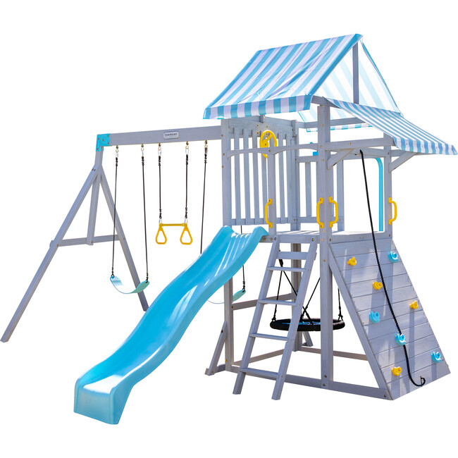 Teamson Kids Laguna Wooden Swing Set with Slide & Rock Wall, Grey
