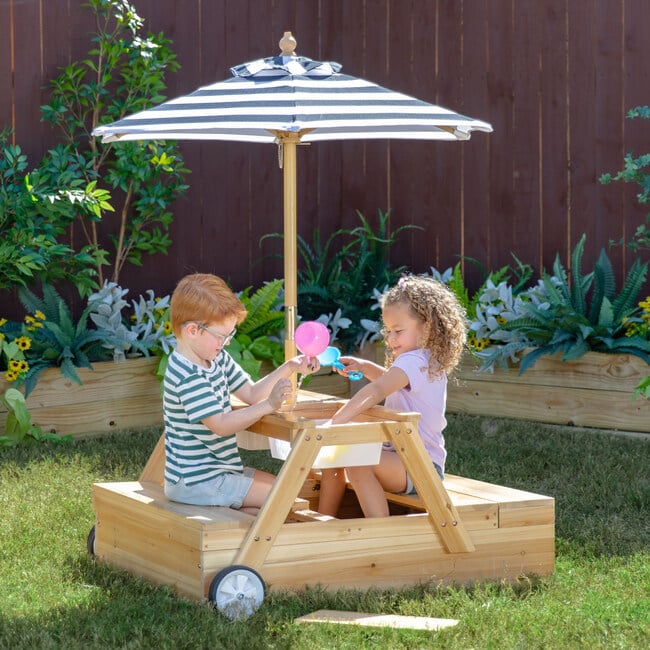Teamson Kids Sorrento Wooden 2-in-1 Picnic Table with Sandbox & Umbrella, Natural