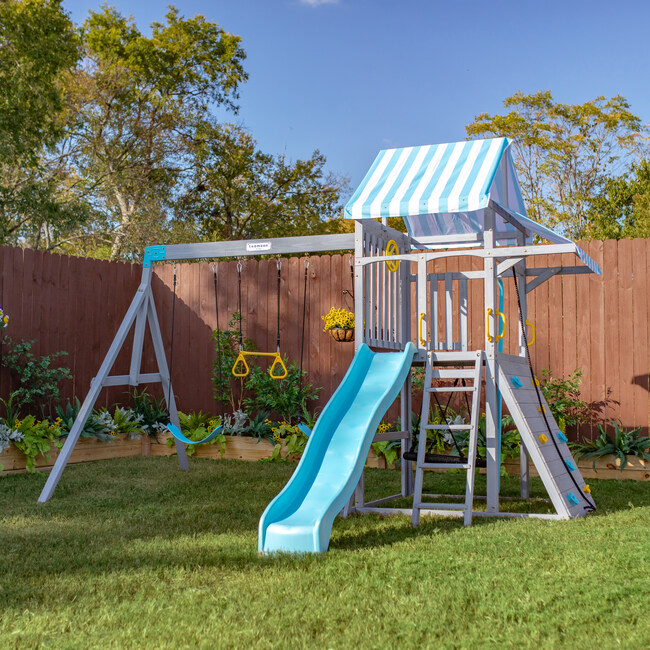 Teamson Kids Laguna Wooden Swing Set with Slide & Rock Wall, Grey - Outdoor Games - 2