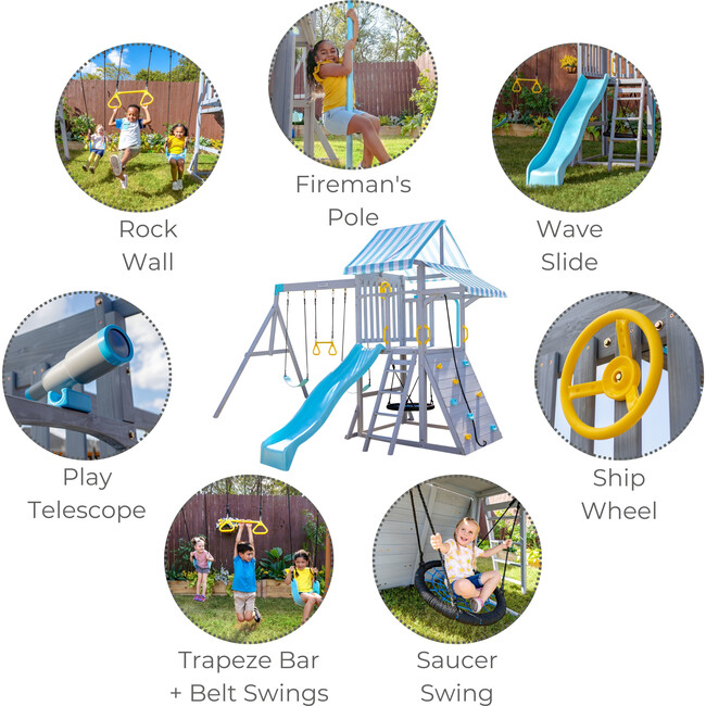 Teamson Kids Laguna Wooden Swing Set with Slide & Rock Wall, Grey - Outdoor Games - 3
