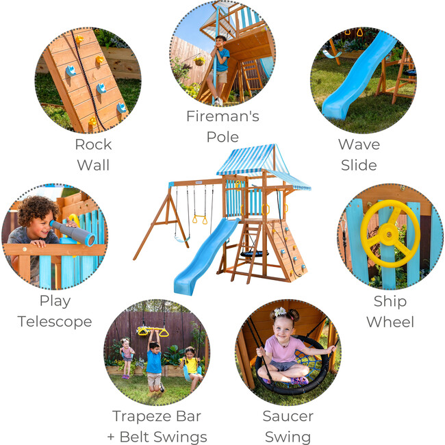 Teamson Kids Laguna Wooden Swing Set with Slide & Rock Wall, Natural - Outdoor Games - 3