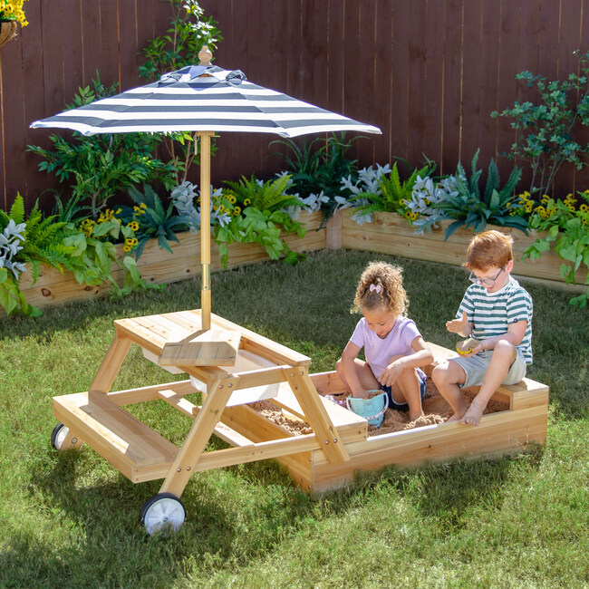 Teamson Kids Sorrento Wooden 2-in-1 Picnic Table with Sandbox & Umbrella, Natural - Outdoor Games - 5