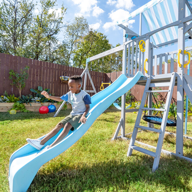 Teamson Kids Laguna Wooden Swing Set with Slide & Rock Wall, Grey - Outdoor Games - 5