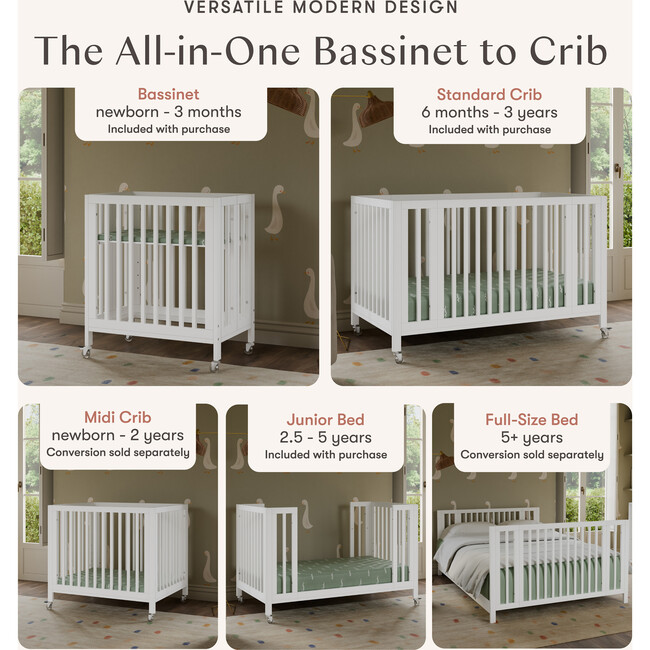 Rolli 9-in-1 Convertible All-Stages® Crib with Bassinet & Toddler Bed Conversion Kits in White - Cribs - 9