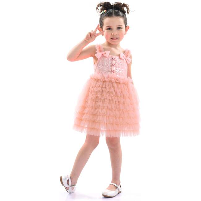 Bow Tiered Tulle Dress, Pink - Dresses - 2