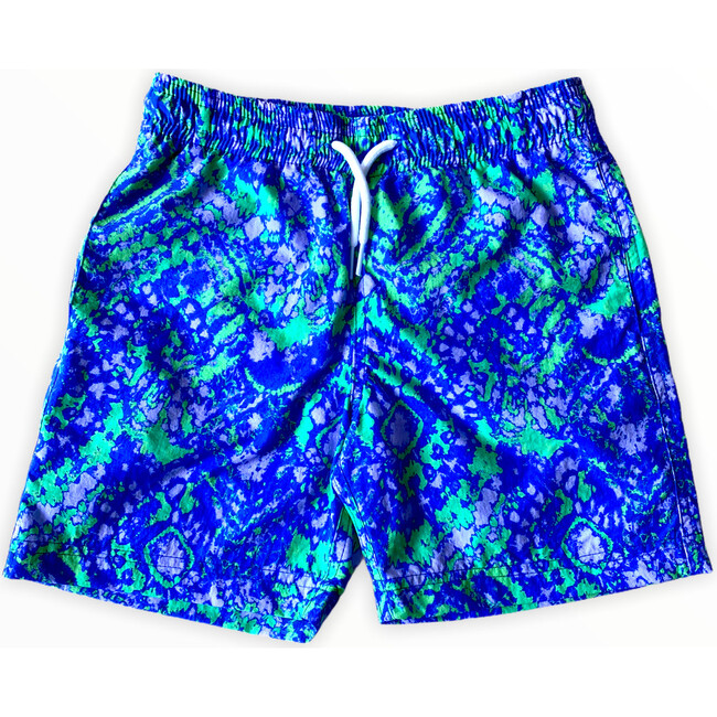 Kids' Geometric Batik Print Quick-Dry Swim Trunks, Blue