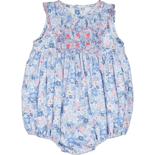 Marguerite Floral Blue Frilled Sleeveless Smocked Romper