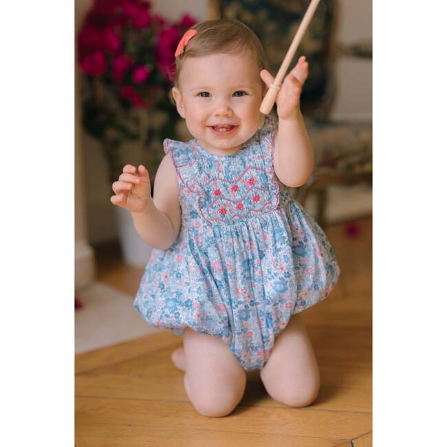 Marguerite Floral Blue Frilled Sleeveless Smocked Romper - Rompers - 2