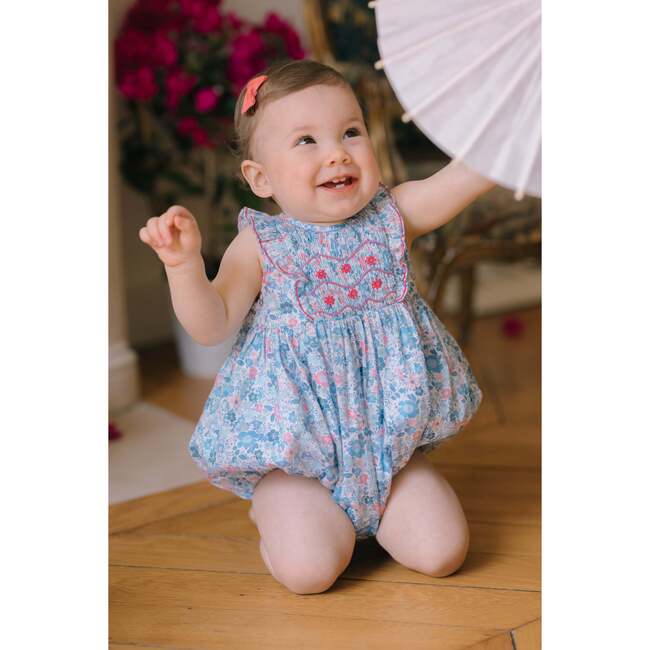 Marguerite Floral Blue Frilled Sleeveless Smocked Romper - Rompers - 6