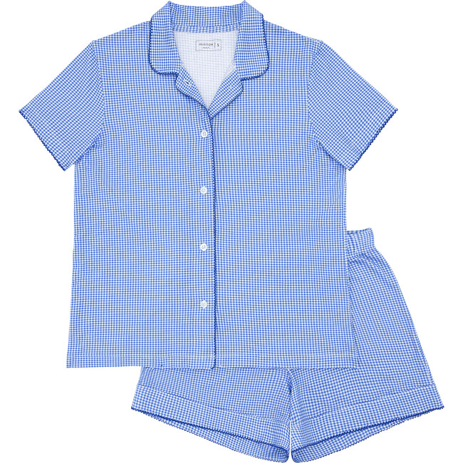 Women's Sky Blue Gingham Collared Shirt And Short Pima Pajamas Set