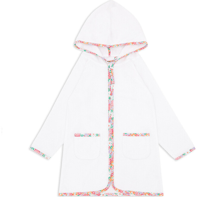 Unisex White French Terry Hooded Zipper Coverup With Island Blossom Trim