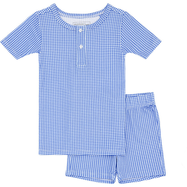 Unisex Sky Blue Gingham Shirt And Short Pima Pajamas Set