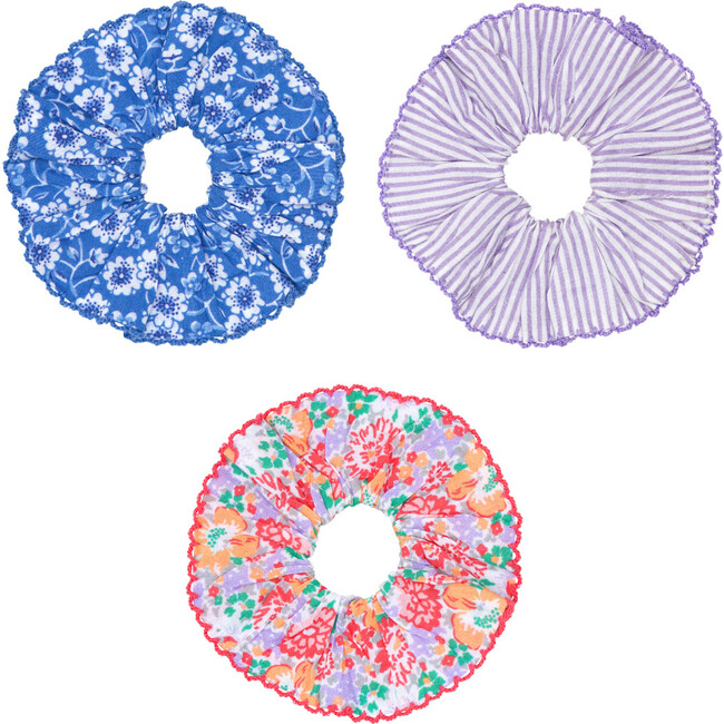 Set Of Hair Scrunchies In Rosebay, Lavender Stripe And Island Blossom
